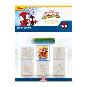 Multiprint Spidey and His Amazing Friends blister pack stamp set showing 5 character stamps, blue ink pad and 3 coloured pencils, ages 3 plus