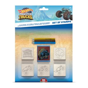 Hot Wheels Monster Trucks stamp set by Multiprint showing 5 wood rubber stamps, blue ink pad and 3 coloured pencils, age 3 plus