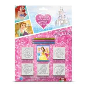 Disney Princess stamp set by Multiprint blister pack showing 5 wood rubber stamps, 3 coloured pencils and blue ink pad, age 3 plus