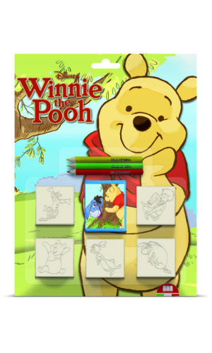Multiprint Disney Winnie the Pooh blister pack with 5 character stamps, ink pad and 3 coloured pencils for kids aged 3 and over