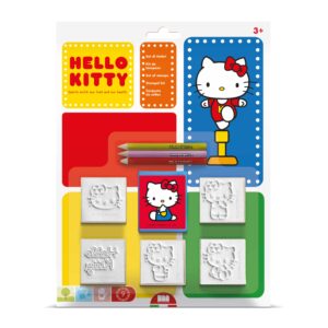 Hello Kitty Multiprint blister pack stamp set SKU 5803MP showing 5 wood rubber stamps, 3 coloured pencils and ink pad, age 3 plus