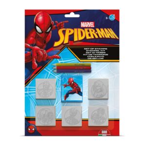 Multiprint Marvel Spider-Man stamp set blister pack showing 5 wood rubber stamps, blue ink pad and 3 coloured pencils, ages 3 plus