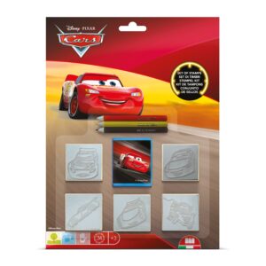 Multiprint Disney Cars blister pack with 5 wood rubber stamps, ink pad and 3 coloured pencils featuring Lightning McQueen, ages 3 plus