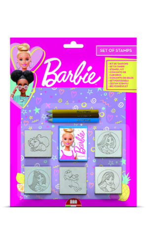 Multiprint Barbie blister pack showing 5 wood and rubber Barbie character stamps, a Barbie ink pad, and 3 Multiprint coloured pencils, ages 3 plus