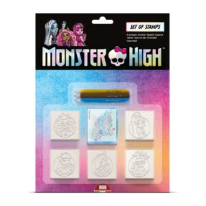 Monster High blister pack with 5 wood and rubber character stamps, blue ink pad and 3 coloured pencils by Multiprint, ages 3 plus