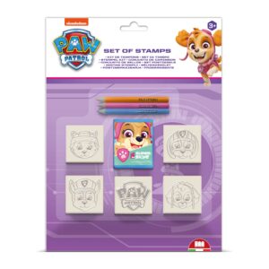 PAW Patrol Skye Multiprint blister pack showing 5 wood rubber stamps, Skye-branded ink pad and 3 coloured pencils for kids aged 3 plus