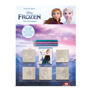 Disney Frozen 2 blister pack stamp set by Multiprint showing 5 wood rubber character stamps, blue ink pad and coloured pencils, ages 3 plus