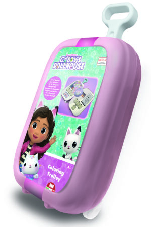Gabby's Dollhouse Colouring Trolley by Multiprint, pink rolling plastic case with Gabby and cat characters, ages 3 plus, 34x22x10cm