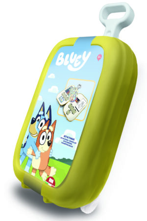 Bluey Multiprint trolley stamp set in yellow wheeled case showing Bluey and Bingo characters, ages 3 and over, 64 pieces included