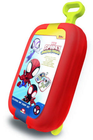 Multiprint Spidey and Amazing Friends colouring and stamp set trolley case in red, featuring Marvel Spidey characters, for ages 3 and up