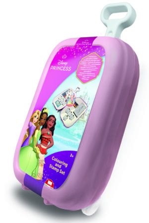 Disney Princess pink rolling trolley craft case by Multiprint featuring Rapunzel, Tiana and Moana, colouring and stamp set for ages 3 plus