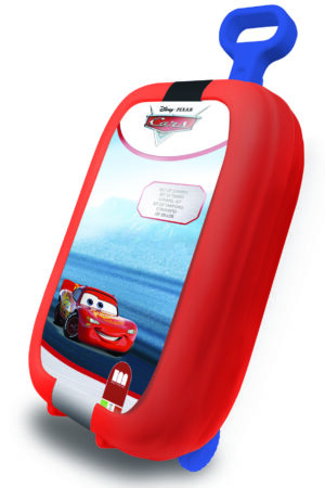 Disney Pixar Cars red Multiprint trolley stamp set in closed case with Lightning McQueen artwork and blue pull handle, ages 3 plus