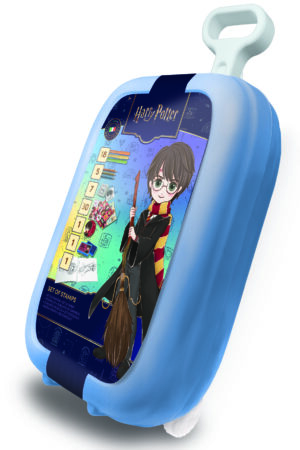 Multiprint Harry Potter stamp set blue rollable trolley case showing chibi Harry Potter artwork and contents list, ages 3 plus