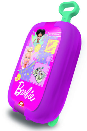 Multiprint Barbie stamp set trolley case in pink with teal handle showing Barbie character artwork, ages 3 plus, 34 x 22 x 10 cm