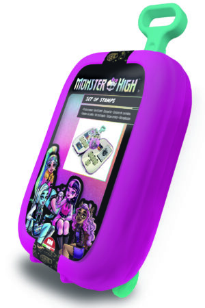 Monster High Stamp Set Trolley by Multiprint, pink rolling carry case with teal handle, officially licensed, ages 3 plus