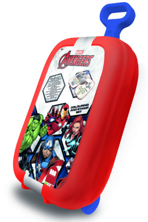 Multiprint Marvel Avengers colouring and stamp trolley set in red and blue plastic case featuring Iron Man, Hulk and Captain America, ages 3 plus