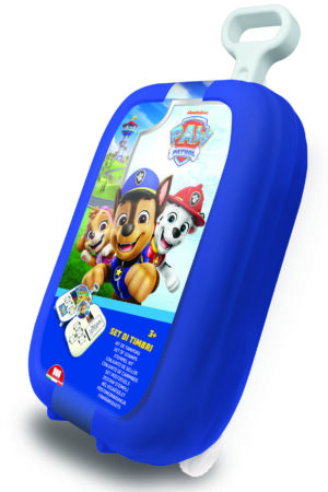 Multiprint PAW Patrol rolling trolley stamp set in blue hard-shell case featuring Chase, Marshall and Skye, ages 3 plus