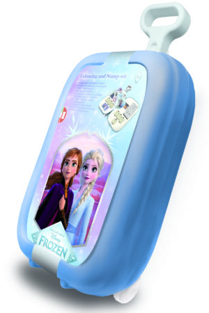 Multiprint Disney Frozen 2 trolley case colouring and stamp set showing Anna and Elsa on the blue suitcase-style carry case, ages 3 plus