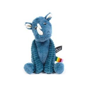 Les Déglingos Ptipotos Grosbisou blue rhino soft toy seated front view showing ribbed corduroy legs and cream horn, 35 cm plush