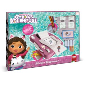 Multiprint Gabby's Dollhouse sticker dispenser set box showing the pink machine, stamps, scissors and Giotto felt-tip pens, age 3 plus