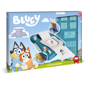 Bluey Sticker Machine by Multiprint craft set box showing Bluey and Bingo characters, stamp machine, felt-tip pens and sticker sheets, ages 3 plus