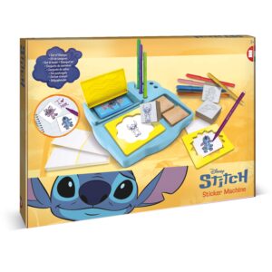 Disney Stitch Sticker Machine set by Multiprint in yellow box showing machine, stamps, felt-tip pens and sticker sheets, age 3 plus