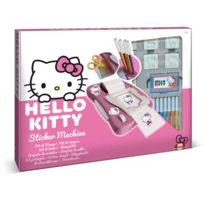 Hello Kitty Sticker Machine craft set by Multiprint in pink box showing stamps, felt-tip pens, sticker sheets and machine, age 3 plus