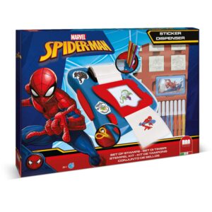 Multiprint Marvel Spider-Man sticker dispenser craft set box showing the machine, stamps, Giotto felt-tip pens and sticker sheets, age 3 plus