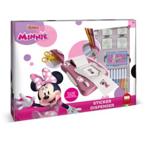 Multiprint Disney Junior Minnie Mouse Sticker Dispenser craft set box, age 3 plus, showing stamps, pens, stickers and pink machine inside