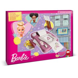 Barbie Sticker Machine by Multiprint craft set box showing pink design with stamps, felt-tip pens, stickers and Barbie character artwork, ages 3 plus