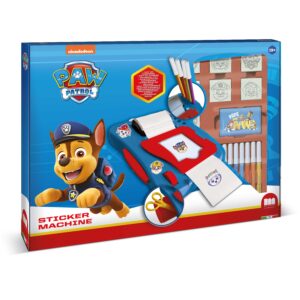 PAW Patrol Sticker Machine by Multiprint craft set box showing Chase and the sticker dispenser, stamps, felt-tip pens and sticker roll, ages 3 plus