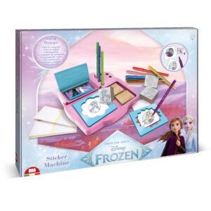 Multiprint Disney Frozen 2 Sticker Machine craft set box showing Anna and Elsa with stamps, felt-tip pens and sticker blanks, ages 3 plus