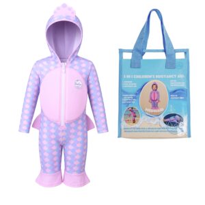 OneSea Mermaid 3-in-1 buoyancy aid swimsuit in lilac mermaid-scale print with pink foam panels, hood, and reusable blue tote bag, 12 months
