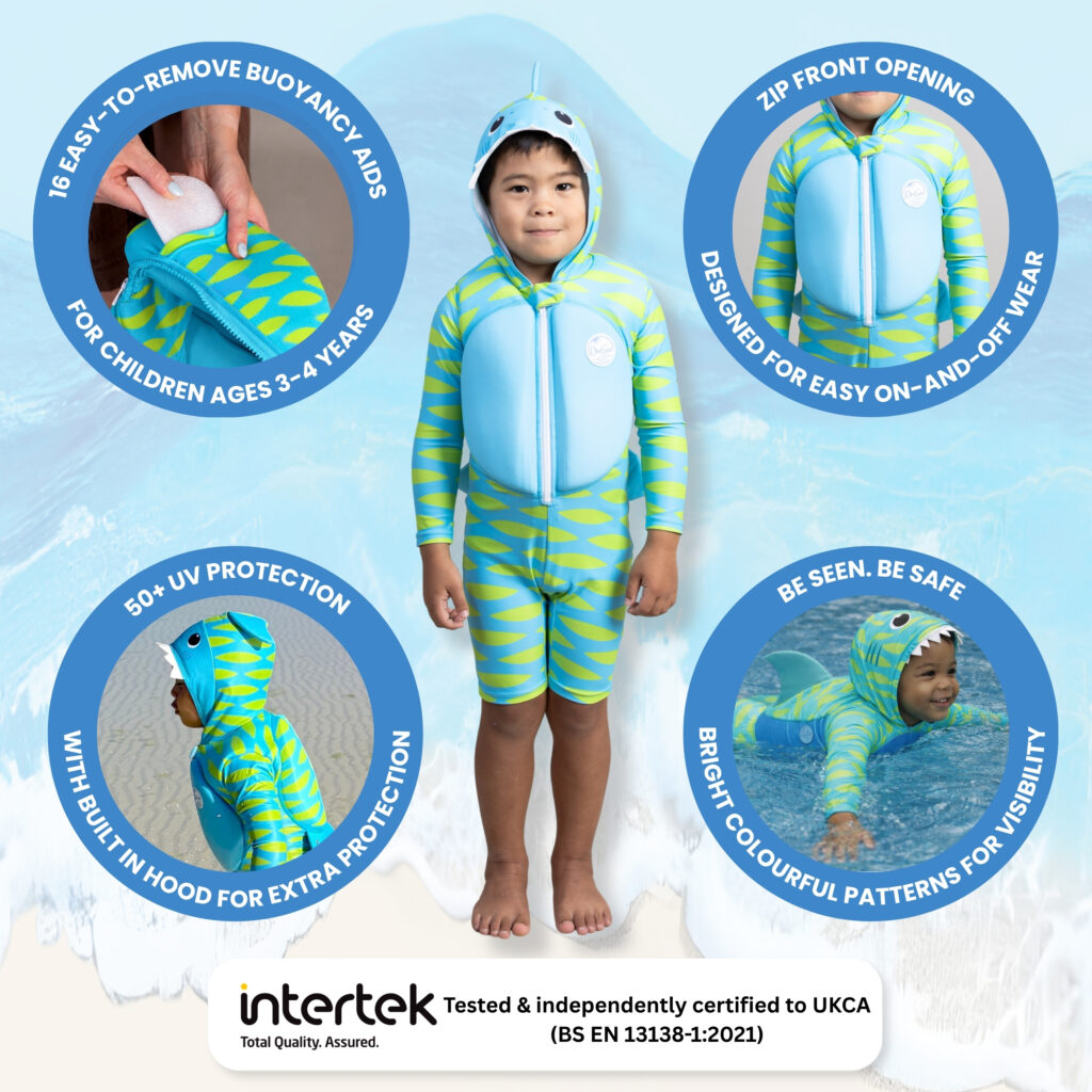 Onesea shark suit features infographic showing 16 removable buoyancy aids, UPF 50+ hood, zip front opening, and Intertek BS EN 13138-1:2021 certification