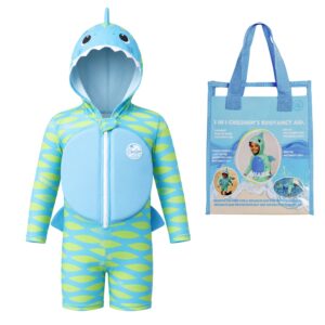 Onesea 3-in-1 shark children's buoyancy aid swimsuit in blue and lime with hood, zip front, 16 foam aids, and reusable EVA beach bag